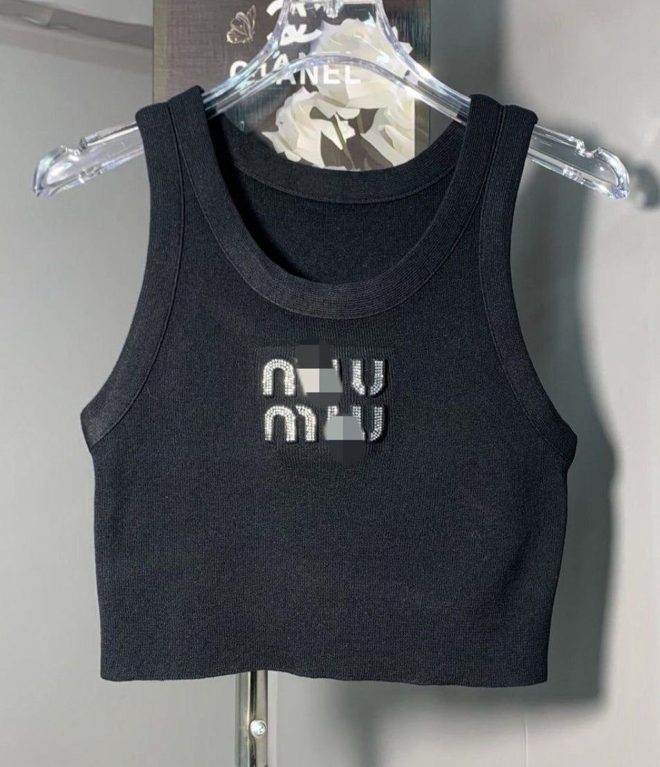 Miu Miu cropped silver letters tank top